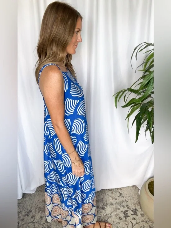 Blue & White Geometric Maxi Dress with contrasting trim - Picture 3 of 6